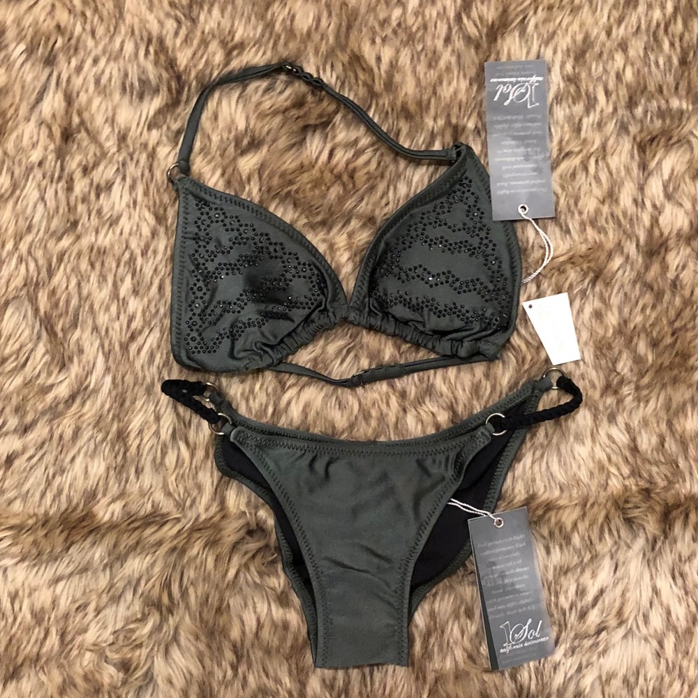 NWT 1Sol Bikini Green w/Black Swarovski Crystals